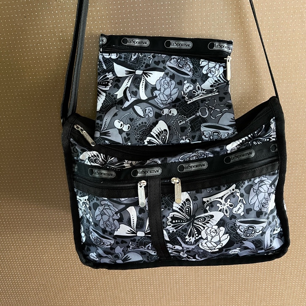 LeSportsac Black and Gray Patterned Crossbody Bag with Pouch